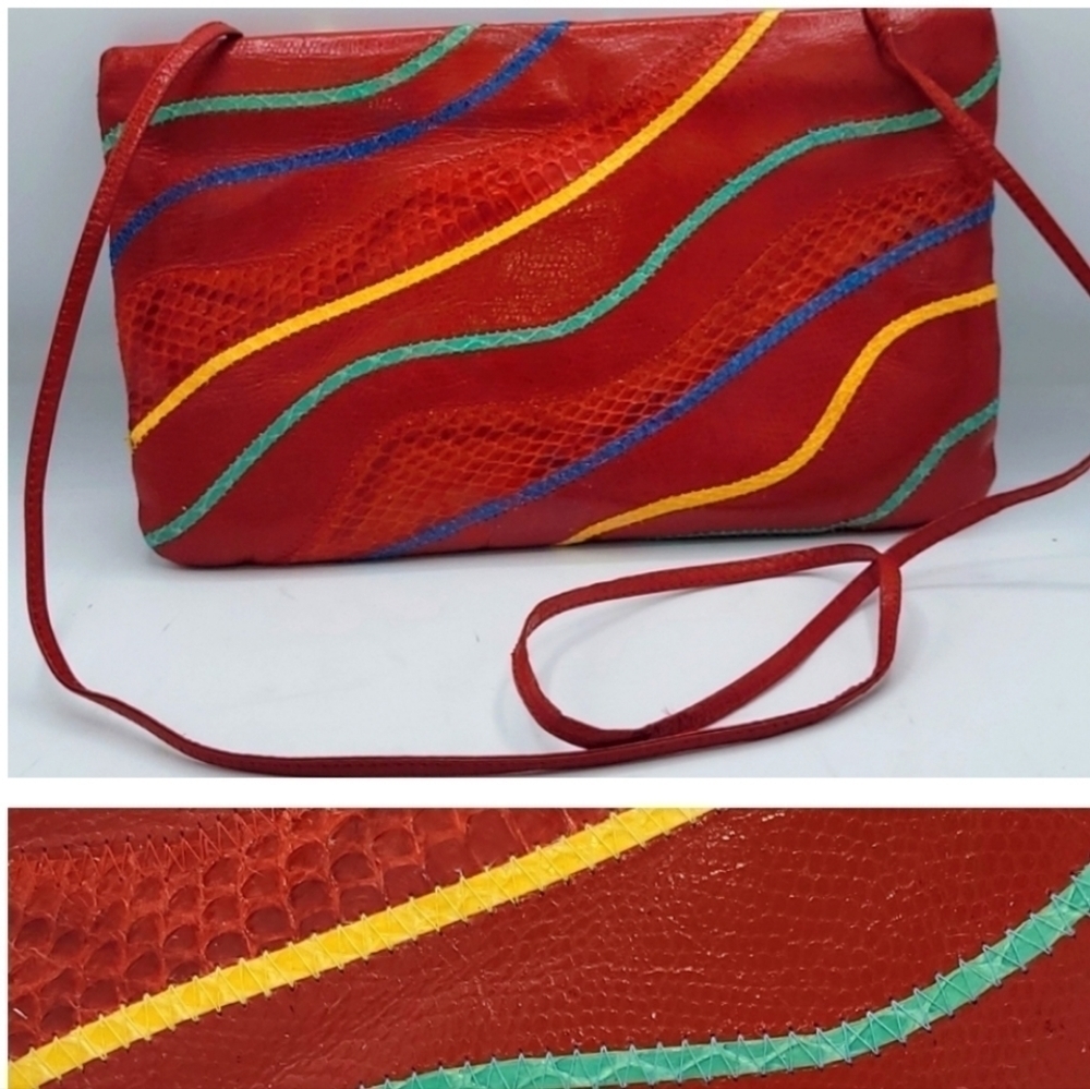 Vintage 80s ASPECTS Red Snakeskin Patchwork Crossbody Bag - Genuine Exotic Leath - Picture 2 of 15